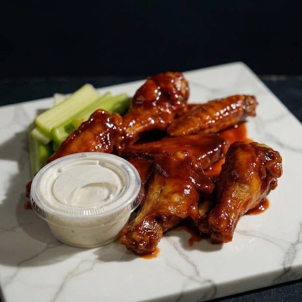 Glazed chicken wings with celery sticks and a side of ranch dressing on a marble plate.